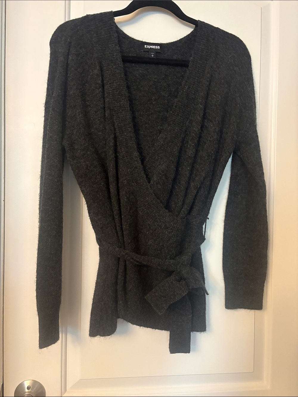 Express Charcoal Gray Wrap V-Neck Sweater with Tie Belt